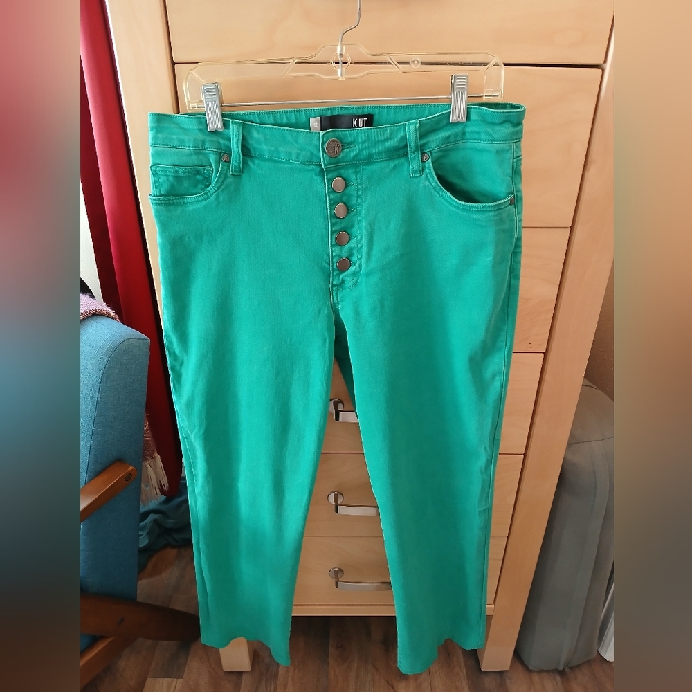 Kut from the Kloth Women's Reese Vibrant Green High Rise Jeans Cropped Sz 12